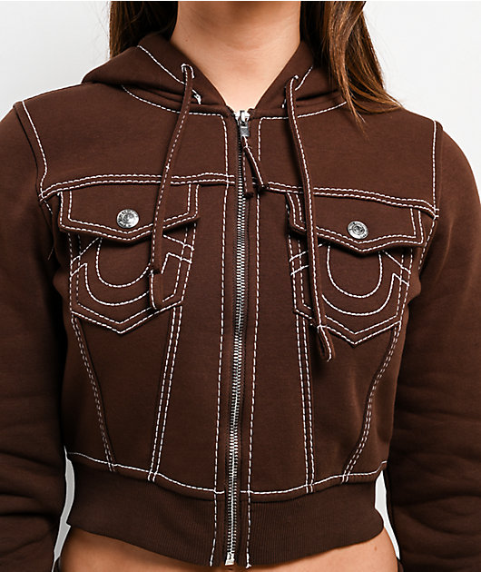 True Religion Big T Shrunken Burlwood Crop Zip Hoodie