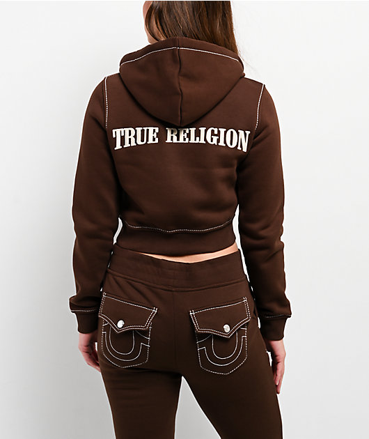 True Religion Big T Shrunken Burlwood Crop Zip Hoodie