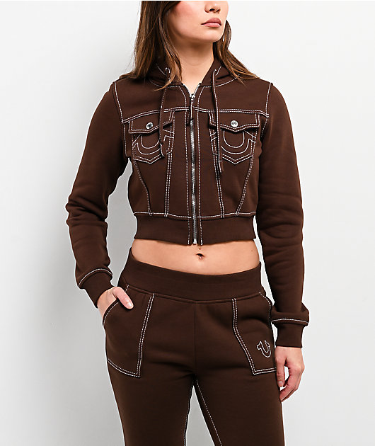 True Religion Big T Shrunken Burlwood Crop Zip Hoodie | Zumiez