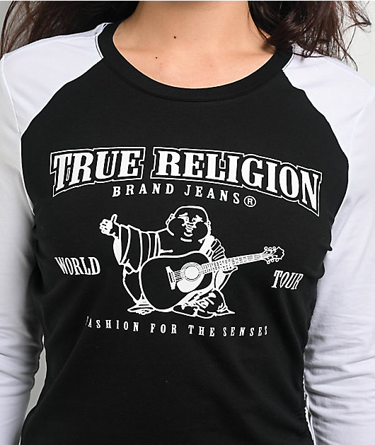 True Religion Black & White Raglan Asymmetrical Long Sleeve T-Shirt