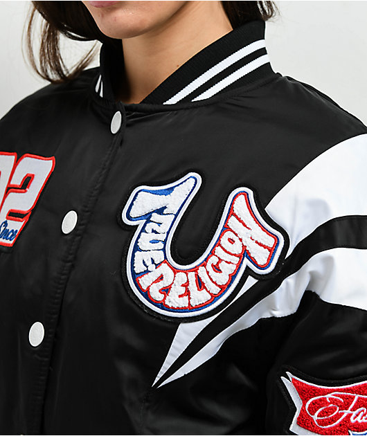 True Religion Black Satin Varsity Bomber Jacket
