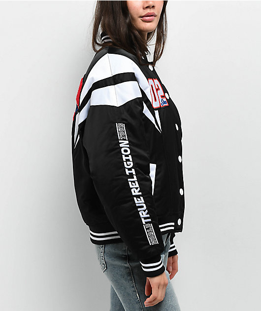 True Religion Black Satin Varsity Bomber Jacket