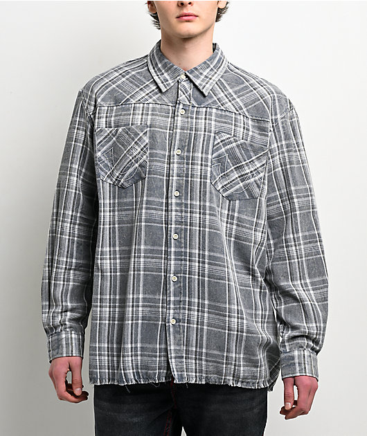 True Religion Bleached Horseshoe Plaid Cobalt Wash Flannel Shirt