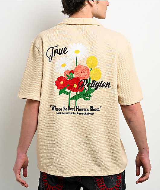 True Religion Blooms Knit Bleached Sand Camp Shirt