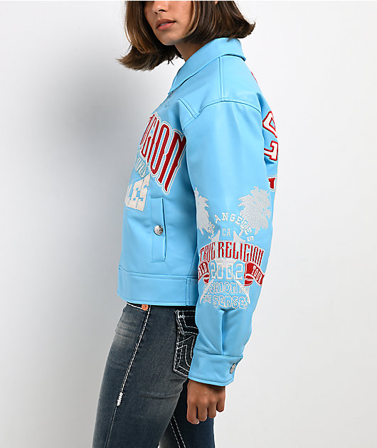 True Religion Blue Patent Leather Varsity Jacket