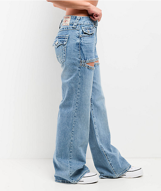 True Religion Bobbi Crystal Cutout Big T Blue Baggy Jeans | Zumiez