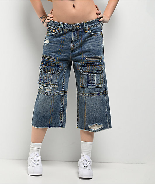 True Religion Bobbi Easy Hazel Wash Baggy Cargo Denim Shorts | Zumiez