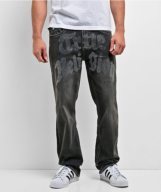 True Religion Bobby Flap Rhinestone Grey Wash Baggy Jeans