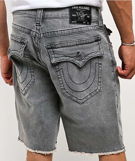 True Religion Bobby Frayed Hem Flap Grey Wash Baggy Shorts