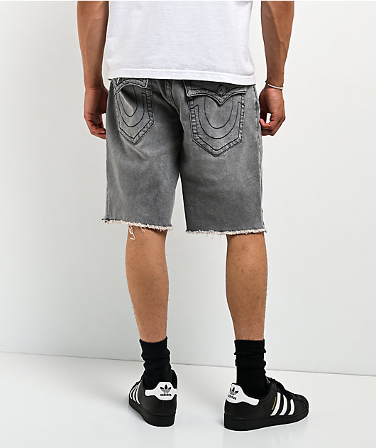True Religion Bobby Frayed Hem Flap Grey Wash Baggy Shorts