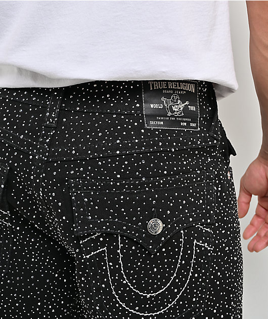 True Religion Bobby Rhinestone Big T Flap Body Rinse Black Wash Baggy Jeans 