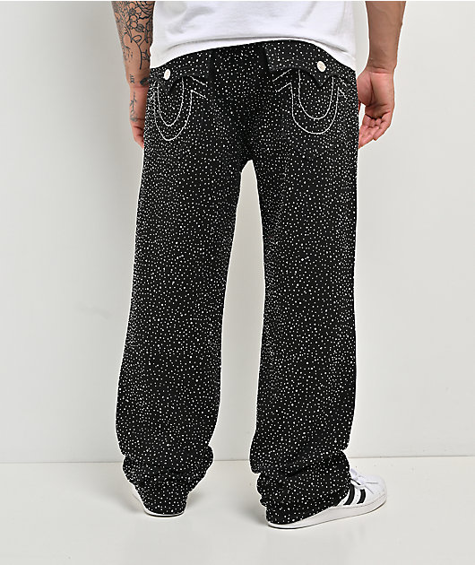 True Religion Bobby Rhinestone Big T Flap Body Rinse Black Wash Baggy Jeans 