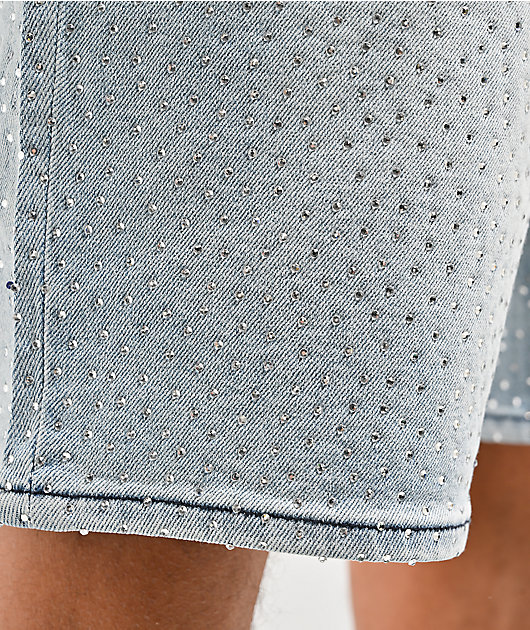 True Religion Bobby Rhinestone Blue Wash Baggy Shorts