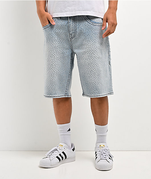 True Religion Bobby Rhinestone Blue Wash Baggy Shorts