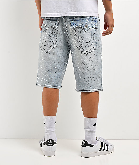 True Religion Bobby Rhinestone Blue Wash Baggy Shorts