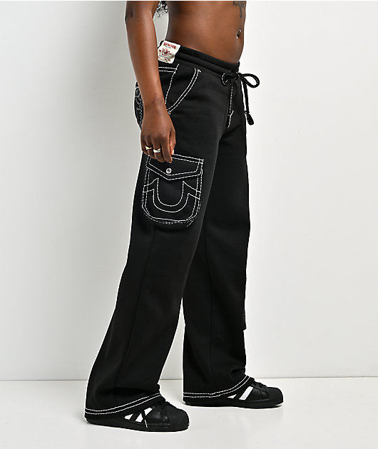 True Religion Buddha Black Contrast Stitch Cargo Sweatpants