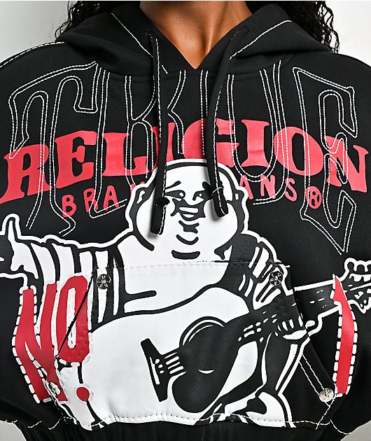 True Religion Buddha Black Contrast Stitch Crop Hoodie