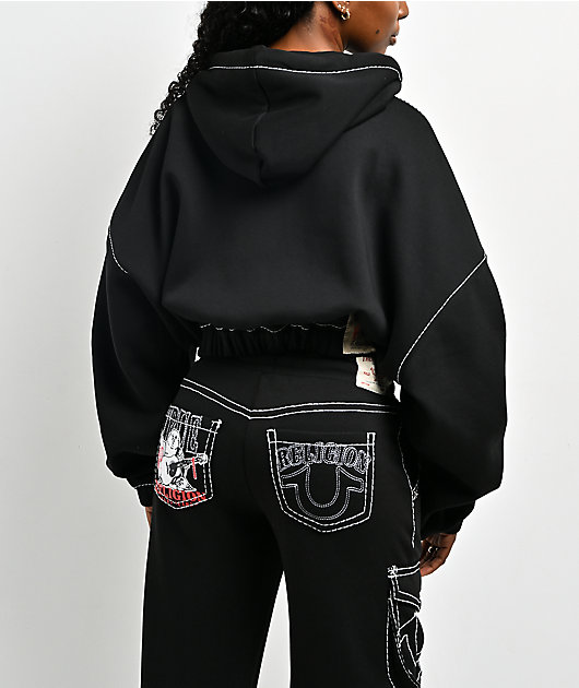 True Religion Buddha Black Contrast Stitch Crop Hoodie