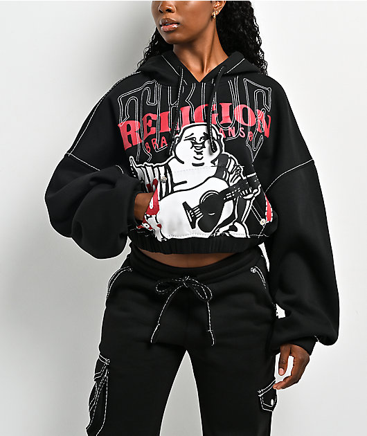 True Religion Buddha Black Contrast Stitch Crop Hoodie