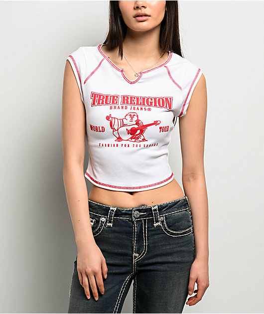 True Religion Buddha Logo Notch Rib White Crop T-Shirt | Zumiez