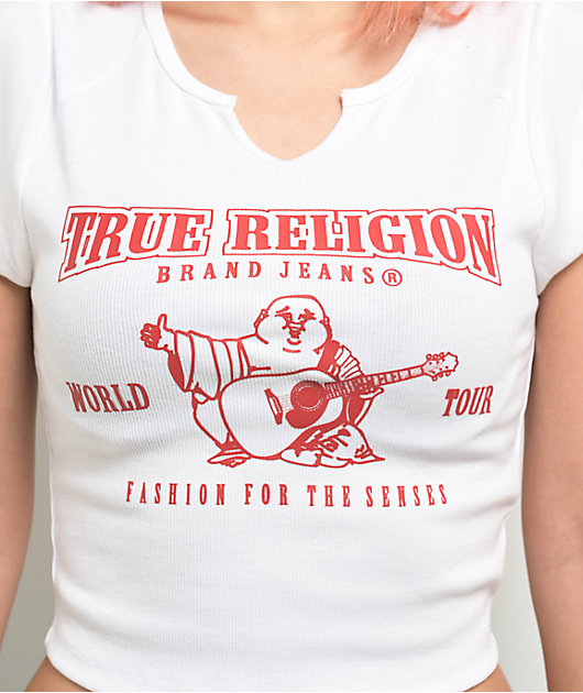 True Religion Buddha Logo Notch Rib White Crop T-Shirt | Zumiez