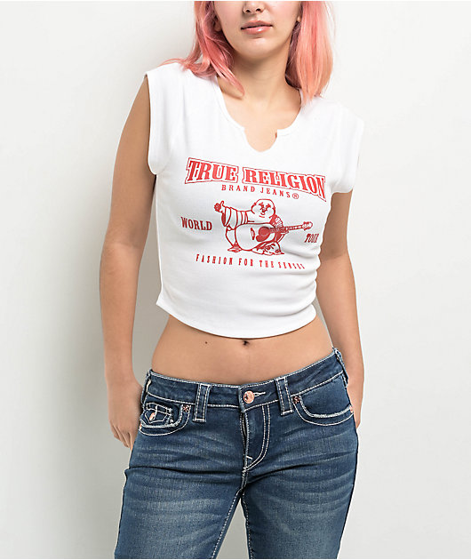 True Religion Buddha Logo Notch Rib White Crop T-Shirt | Zumiez