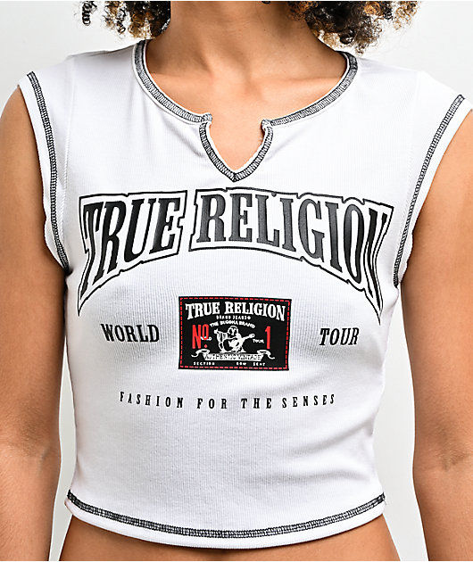 True Religion Buddha Patch V Notch White Crop T-Shirt