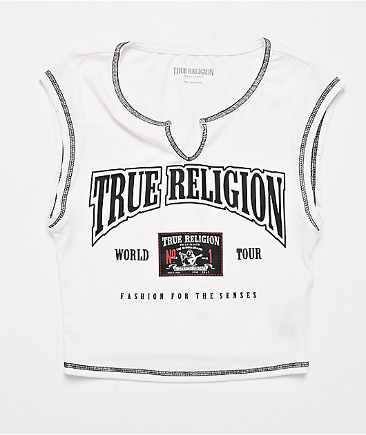 True Religion Buddha Patch V Notch White Crop T-Shirt