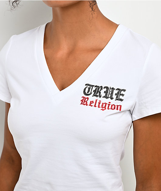 True Religion Buddha Rhinestone White V-Neck T-Shirt