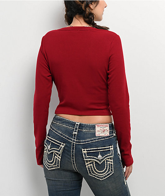 True Religion Buddha V Notch Biking Red Long Sleeve Crop T-Shirt