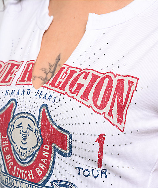True Religion Buddha V Notch White Crop T-Shirt