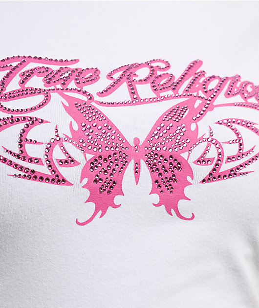 True Religion Butterfly Ruched White Crop T-Shirt