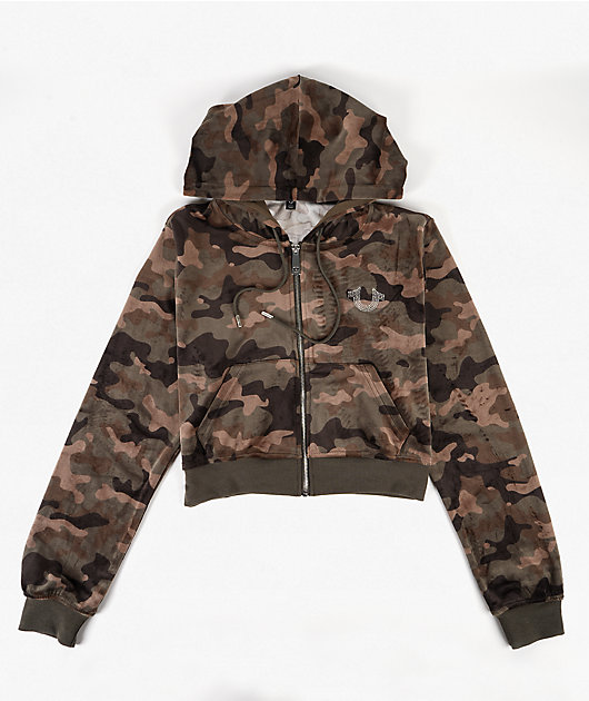 True Religion Camo Velour Shrunken Green Crop Zip Hoodie | Zumiez