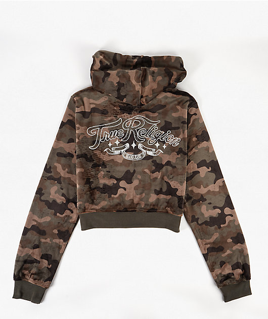 True Religion Camo Velour Shrunken Green Crop Zip Hoodie | Zumiez