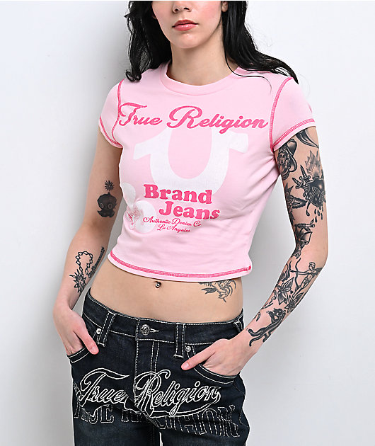 True Religion Cap Sleeve Pink Crop T-Shirt