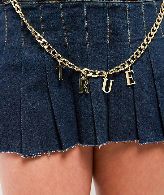 True Religion Chain Belt Dark Blue Pleated Mini Skirt