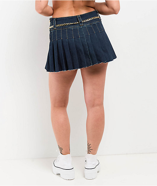 True Religion Chain Belt Dark Blue Pleated Mini Skirt