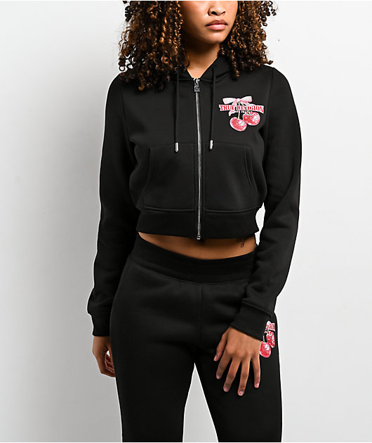 True Religion Cherry Shrunken Black Crop Zip Hoodie