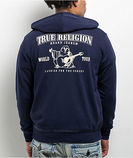 TRUE RELIGION ネイビー ジップパーカー True Religion City Buddha Zip up Navy Blue Hoodie XL LOGO Graphic