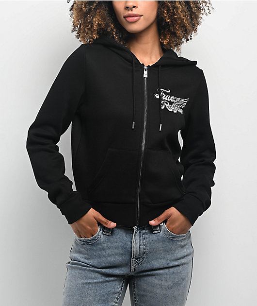 True Religion Classic Winged Crystal Black Zip Hoodie