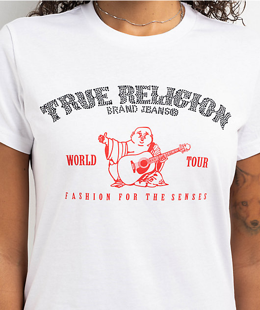 関税込み♪【TRUE RELIGION】CRYSTAL クリスタル ロゴ★ Tシャツ True Religion Women's Distressed Crystal High Shine V-Neck