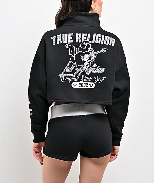 True Religion Crystal Black Half Zip Crop Hoodie
