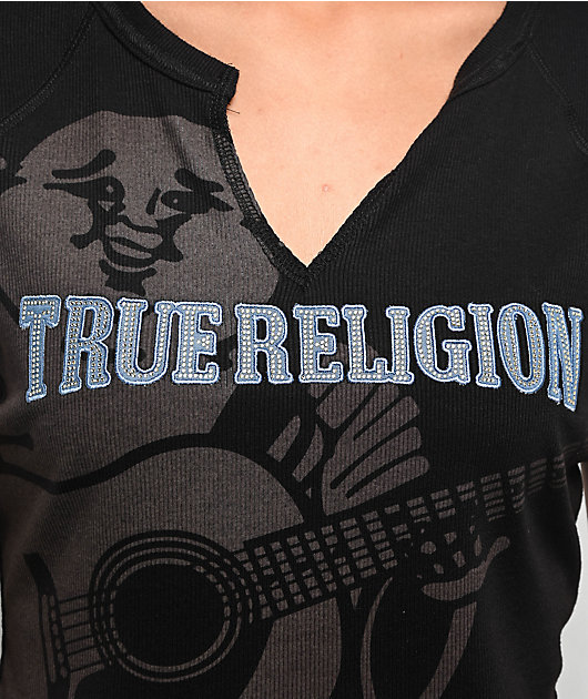 True Religion Crystal Buddha Logo Black Notch Rib Crop T-Shirt