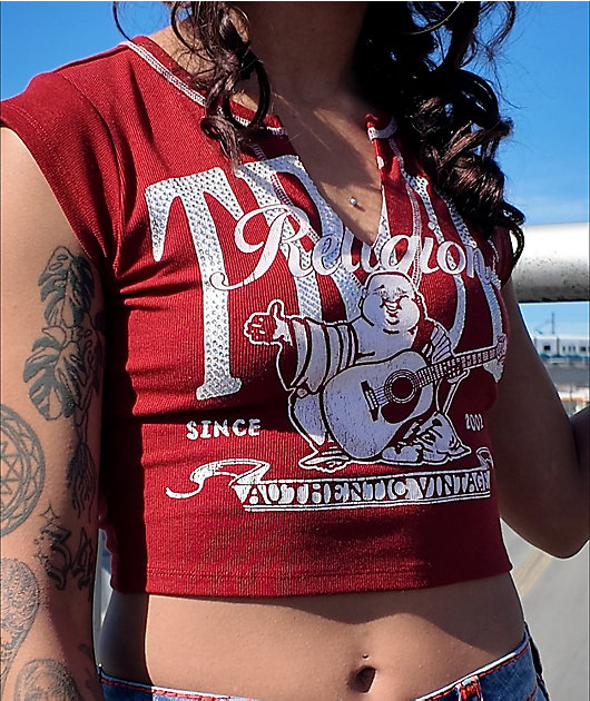 True Religion Crystal Buddha Notch Rib Crop T-Shirt video