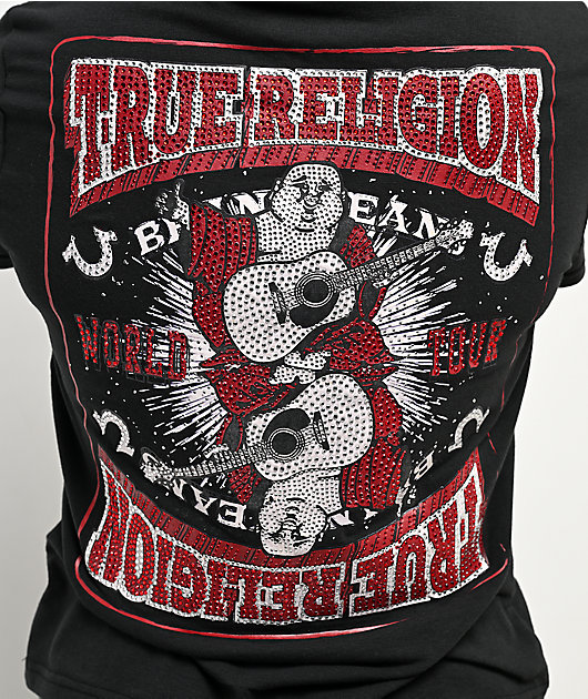 True Religion Crystal Buddha Rhinestone Black & Red T-Shirt