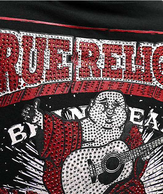 True Religion Crystal Buddha Rhinestone Black & Red T-Shirt