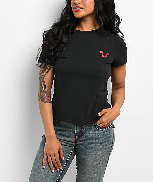 True Religion Crystal Buddha Rhinestone Black & Red T-Shirt