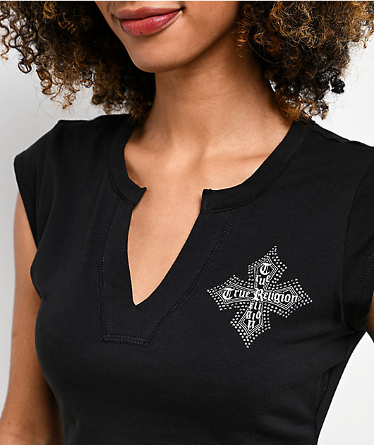 True Religion Crystal Cross Black Notch Crop T-Shirt | Zumiez