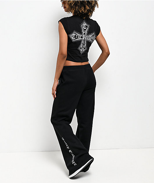 True Religion Crystal Cross Black Notch Crop T-Shirt