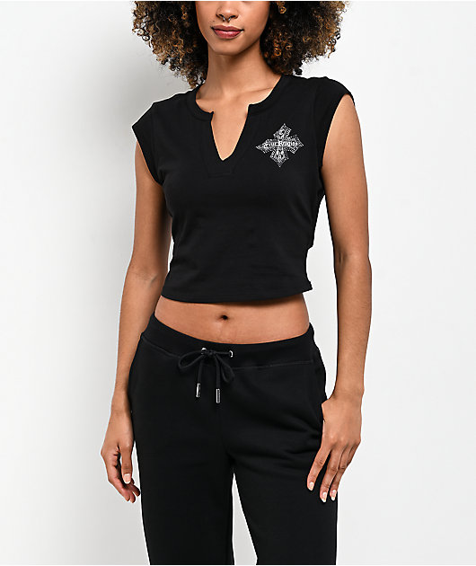 True Religion Crystal Cross Black Notch Crop T-Shirt | Zumiez